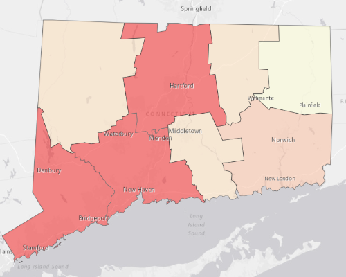 Map showing where the population resides in Connecticut