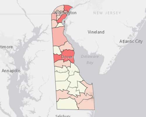 Map showing where the population resides in Delaware
