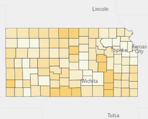 Map of Kansas showing the areas with a higher percentage of vacant property