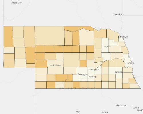 Map of Nebraska showing the areas with a higher percentage of vacant property