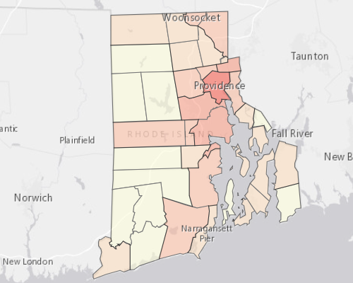Map showing where the population resides in Rhode Island