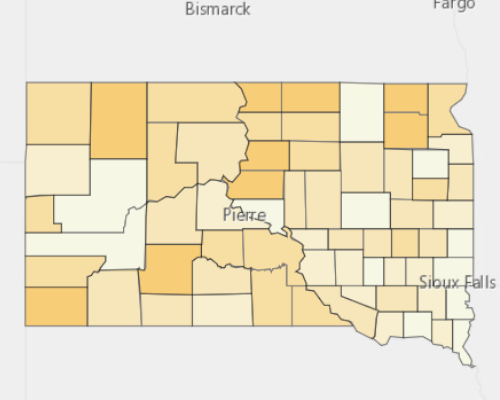 Map of South Dakota showing the areas with a higher percentage of vacant property
